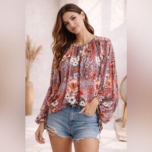 Johnny Was Jade Ingrid butterfly wing sleeve button cuff boho blouse silk Gypsy